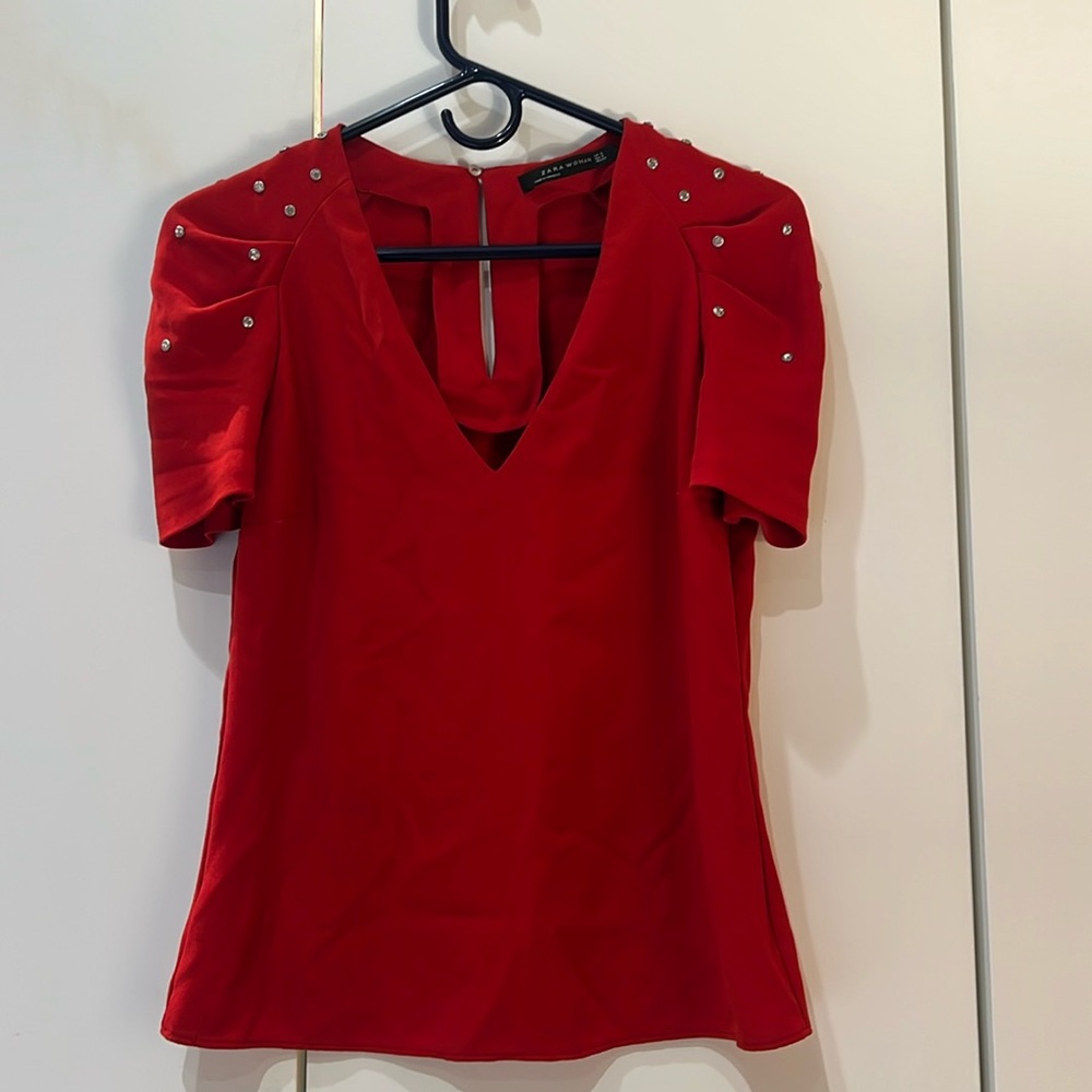 Zara red v-neck blouse with studded sleeves, size small